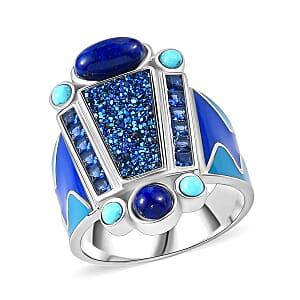 Sajen Silver Flat Blue Sapphire Drusy Quartz, Multi Gemstone Ring in Rhodium Over Sterling Silver 5.00 ctw (Size 8.0)