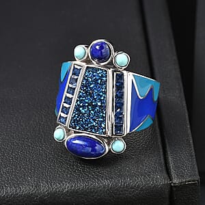 Sajen Silver Flat Blue Sapphire Drusy Quartz, Multi Gemstone Ring in Rhodium Over Sterling Silver 5.00 ctw (Size 8.0)