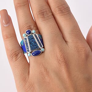 Sajen Silver Flat Blue Sapphire Drusy Quartz, Multi Gemstone Ring in Rhodium Over Sterling Silver 5.00 ctw (Size 8.0)