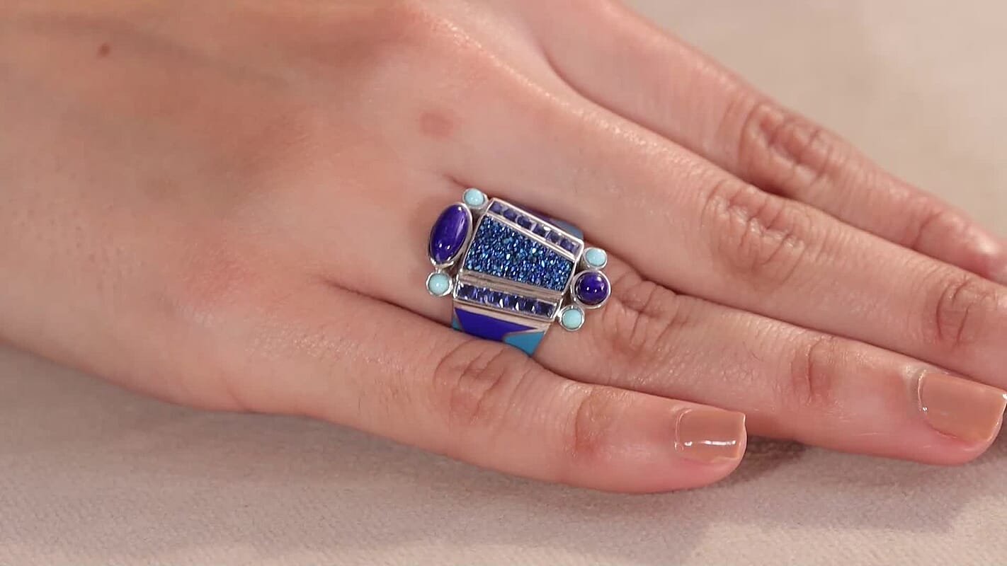 Sajen Silver Flat Blue Sapphire Drusy Quartz, Multi Gemstone Ring in Rhodium Over Sterling Silver (Size 10.0) 5.00 ctw