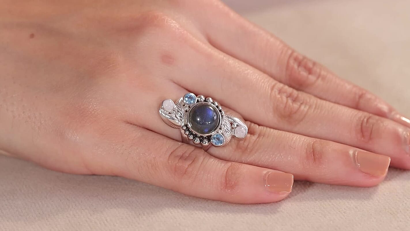 Sajen Silver Malagasy Labradorite, Multi Gemstone Ring in Rhodium Over Sterling Silver (Size 10.0) 5.10 ctw
