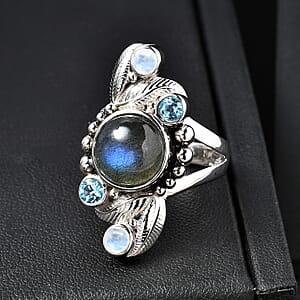 Sajen Silver Malagasy Labradorite, Multi Gemstone Ring in Rhodium Over Sterling Silver 5.10 ctw (Size 10.0)
