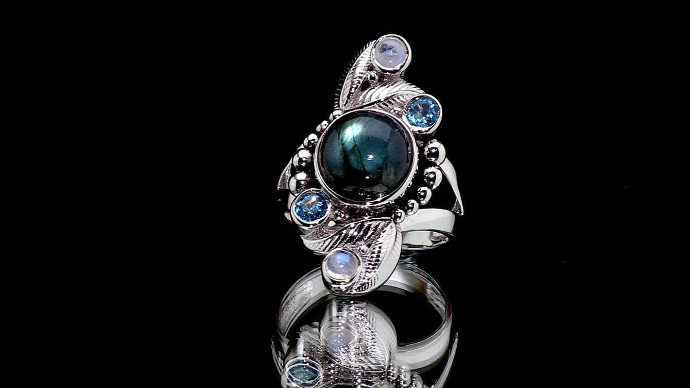Sajen Silver Malagasy Labradorite, Multi Gemstone Ring in Rhodium Over Sterling Silver (Size 10.0) 5.10 ctw