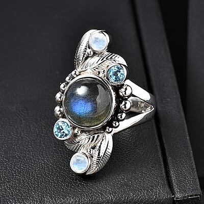 Sajen Silver Malagasy Labradorite, Multi Gemstone Ring in Rhodium Over Sterling Silver 5.10 ctw (Size 6.0)