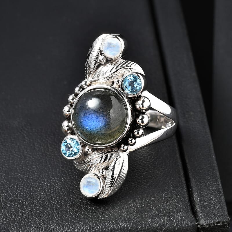 Sajen Silver Malagasy Labradorite, Multi Gemstone Ring in Rhodium Over Sterling Silver 5.10 ctw (Size 6.0)