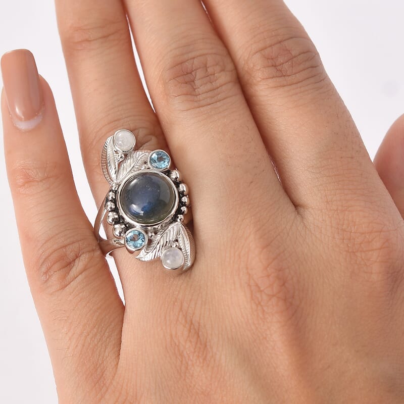 Sajen Silver Malagasy Labradorite, Multi Gemstone Ring in Rhodium Over Sterling Silver 5.10 ctw (Size 6.0)