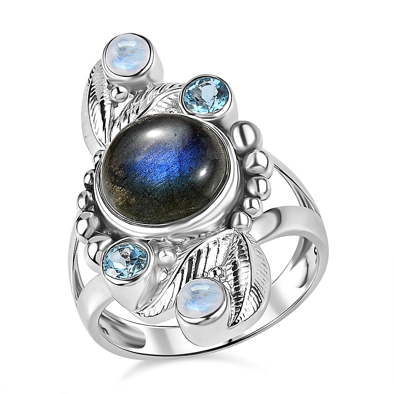 Sajen Silver Malagasy Labradorite, Multi Gemstone Ring in Rhodium Over Sterling Silver 5.10 ctw (Size 7.0)