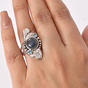 Sajen Silver Malagasy Labradorite, Multi Gemstone Ring in Rhodium Over Sterling Silver 5.10 ctw (Size 9.0)