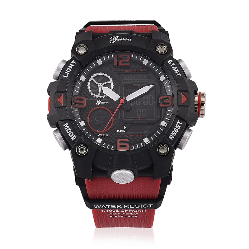 Genoa Japanese and Electronic Movement Multifunctional LED Watch in Black Silvertone with Red Strap