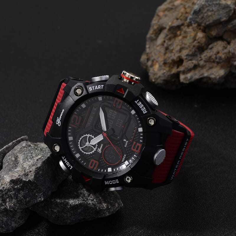 Genoa Japanese and Electronic Movement Multifunctional LED Watch in Black Silvertone with Red Strap