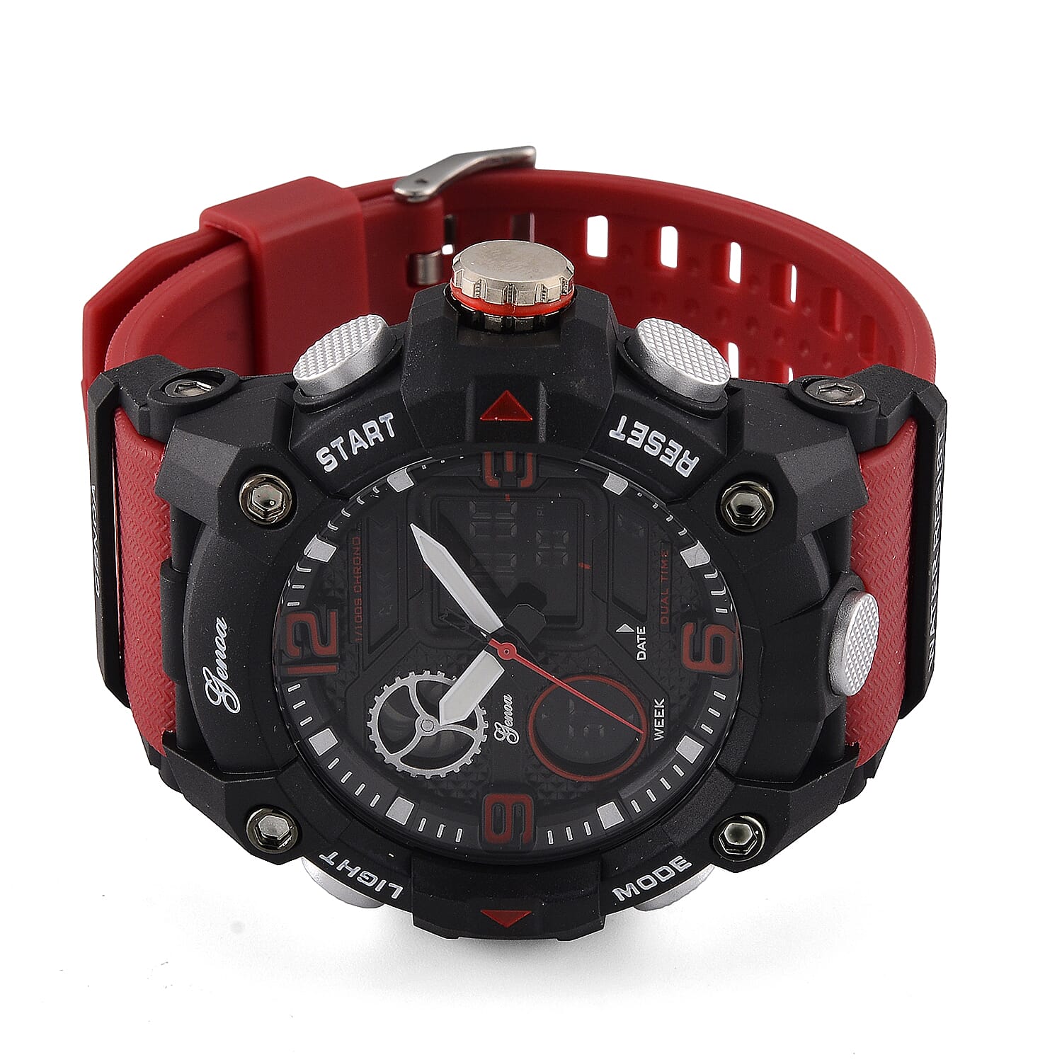 Genoa Japanese and Electronic Movement Multifunctional LED Watch in Black Silvertone with Red Strap