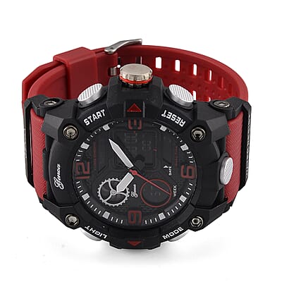 Genoa Japanese and Electronic Movement Multifunctional LED Watch in Black Silvertone with Red Strap