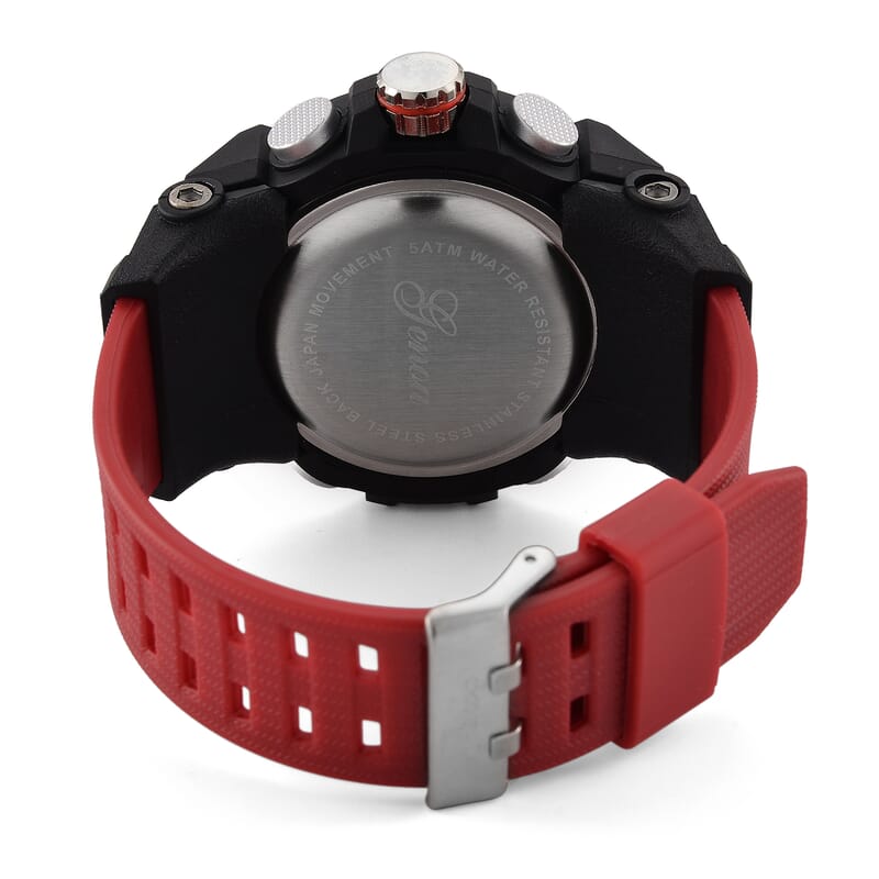 Genoa Japanese and Electronic Movement Multifunctional LED Watch in Black Silvertone with Red Strap