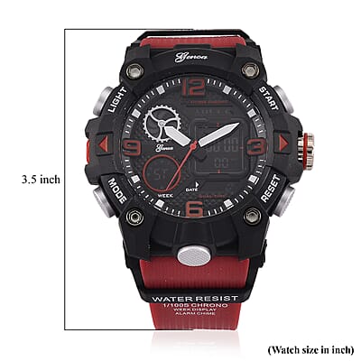 Genoa Japanese and Electronic Movement Multifunctional LED Watch in Black Silvertone with Red Strap