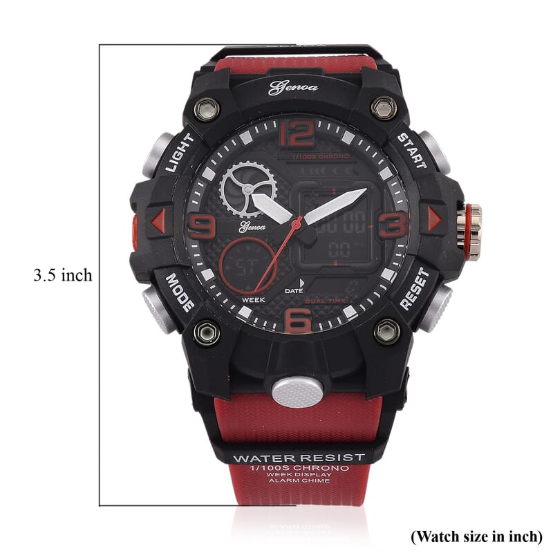 Genoa Japanese and Electronic Movement Multifunctional LED Watch in Black Silvertone with Red Strap