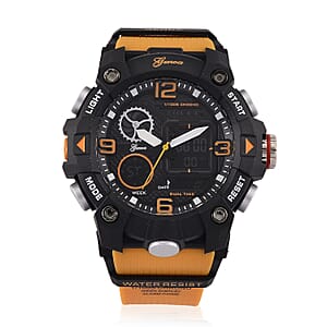 Genoa Japanese and Electronic Movement Multifunctional LED Watch in Black Silvertone with Yellow Strap