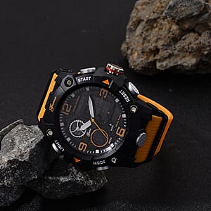 Genoa Japanese and Electronic Movement Multifunctional LED Watch in Black Silvertone with Yellow Strap