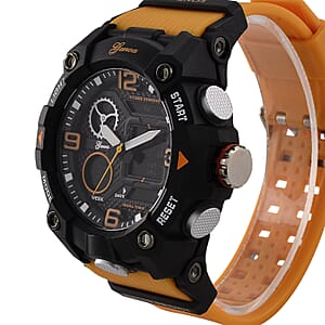 Genoa Japanese and Electronic Movement Multifunctional LED Watch in Black Silvertone with Yellow Strap