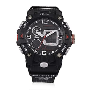 Genoa Japanese and Electronic Movement Multifunctional LED Watch in Black Silvertone with Black Strap