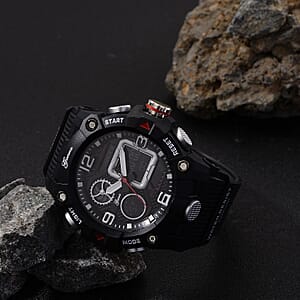Genoa Japanese and Electronic Movement Multifunctional LED Watch in Black Silvertone with Black Strap