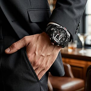 Genoa Japanese and Electronic Movement Multifunctional LED Watch in Black Silvertone with Black Strap