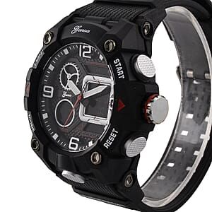 Genoa Japanese and Electronic Movement Multifunctional LED Watch in Black Silvertone with Black Strap
