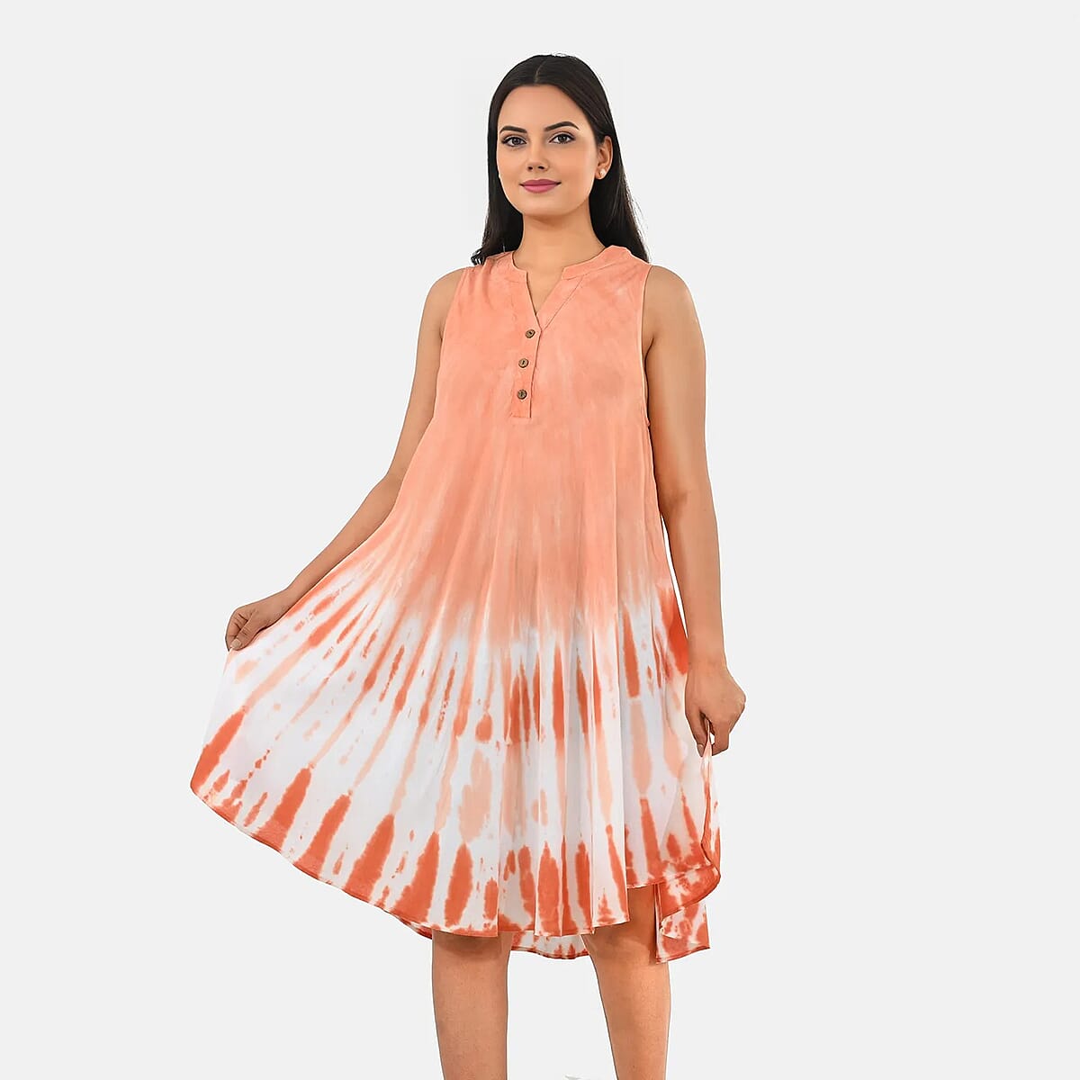 La Marey Peach Tie Dye Umbrella Dress with collar and Buttons - One Size Missy image number 3