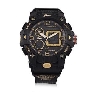 Genoa Japanese and Electronic Movement Multifunctional LED Watch in Black Silvertone with Black Strap