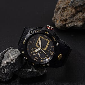 Genoa Japanese and Electronic Movement Multifunctional LED Watch in Black Silvertone with Black Strap