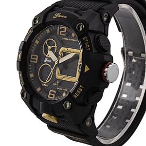 Genoa Japanese and Electronic Movement Multifunctional LED Watch in Black Silvertone with Black Strap