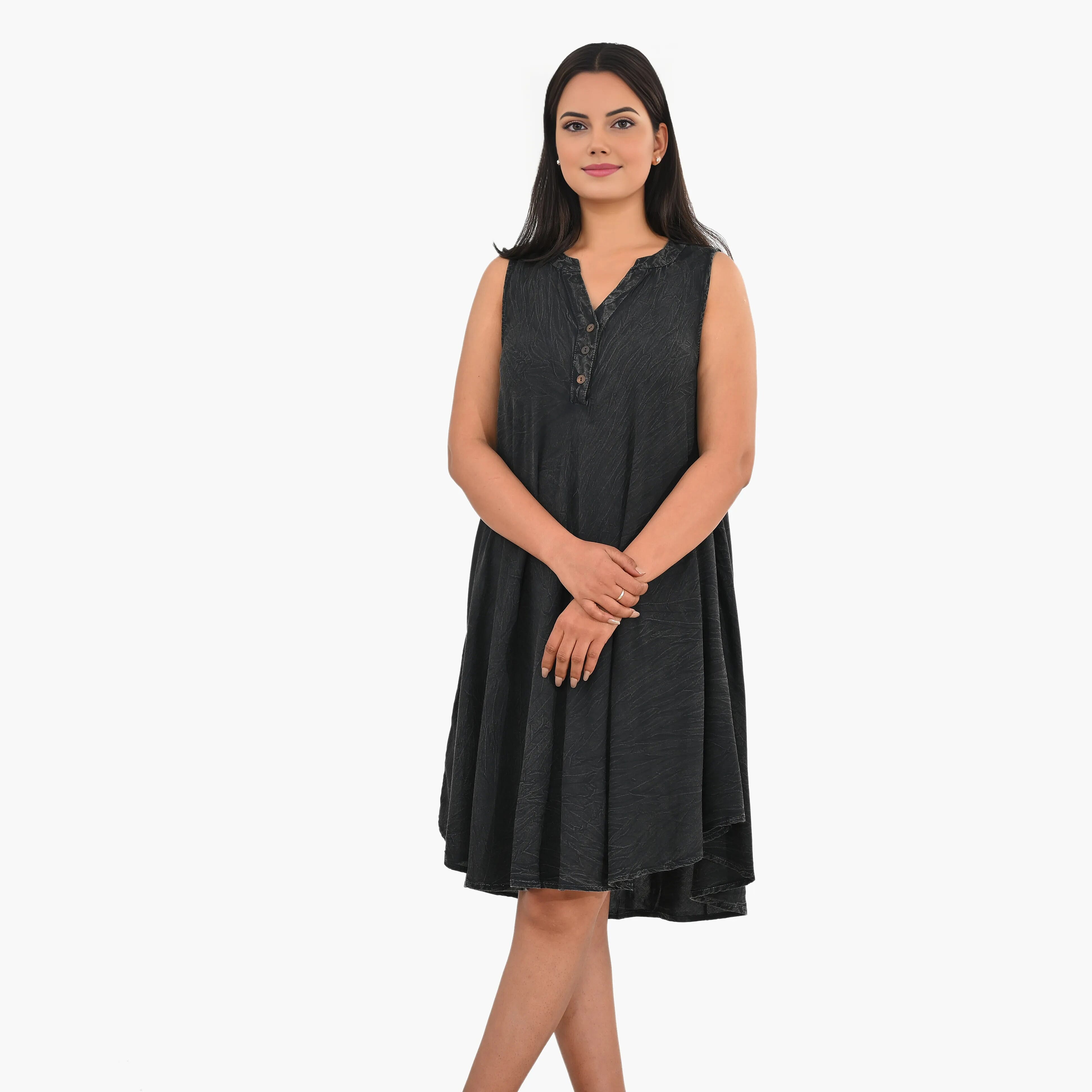 La Marey Black Solid Stone-Wash Umbrella Dress with collar and Buttons - One Size Missy
