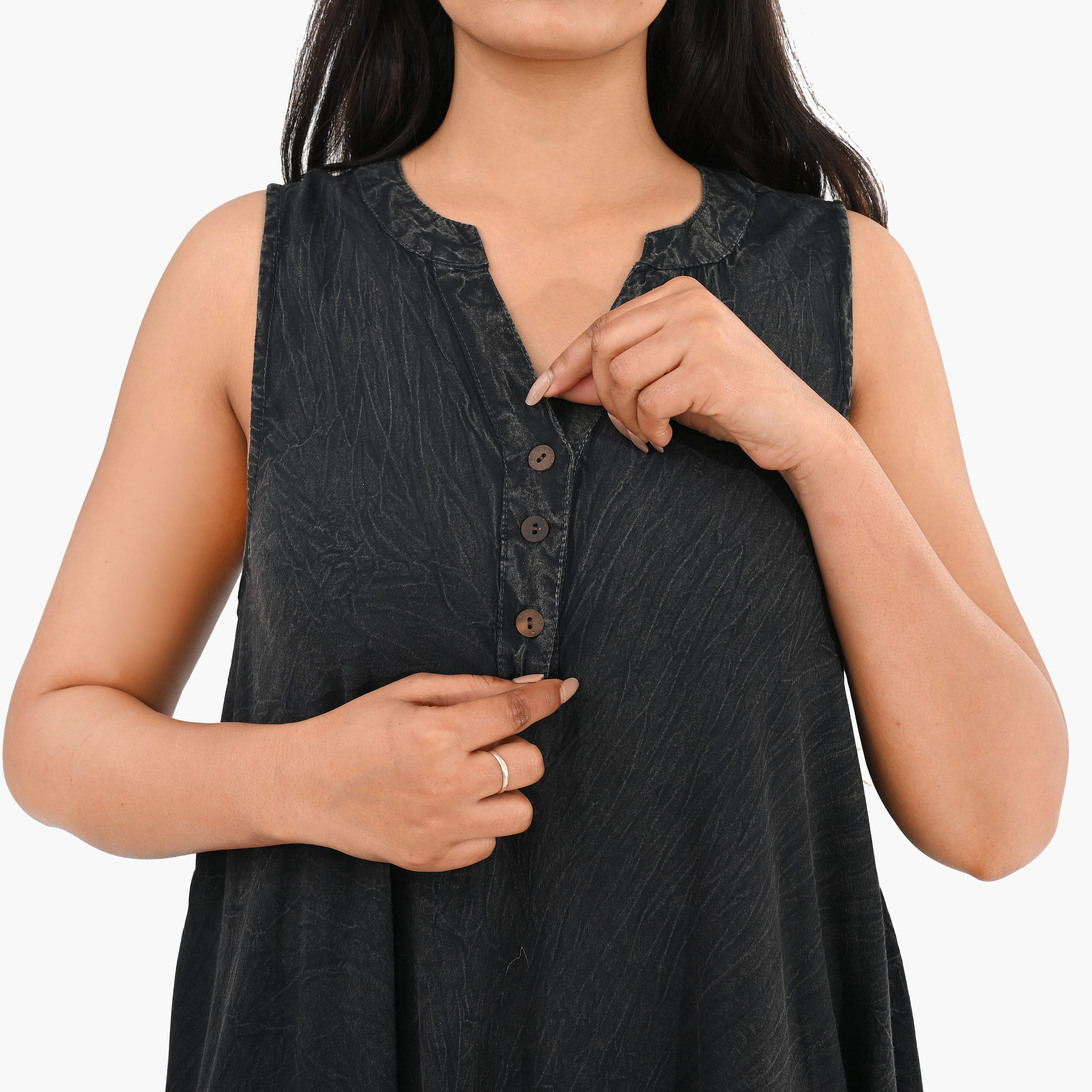 La Marey Black Solid Stone-Wash Umbrella Dress with collar and Buttons - One Size Missy
