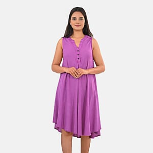 La Marey Purple Solid Wash Umbrella Dress with collar and Buttons - One Size Missy