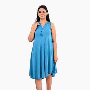 La Marey Blue Solid Wash Umbrella Dress with collar and Buttons - One Size Missy
