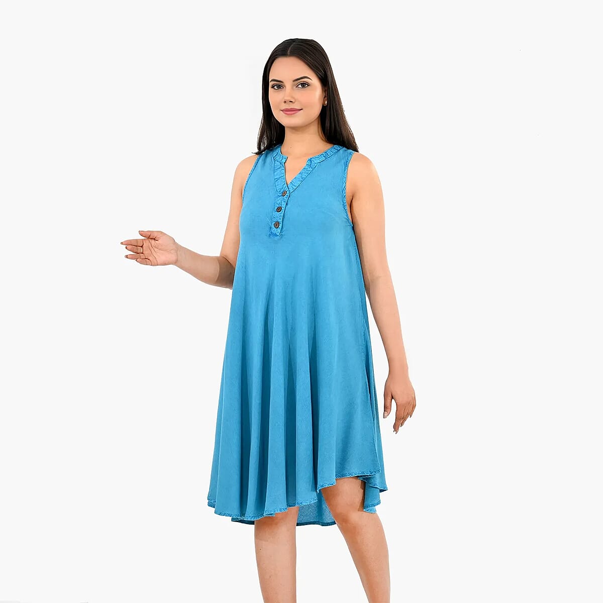 La Marey Blue Solid Wash Umbrella Dress with collar and Buttons - One Size Missy image number 2