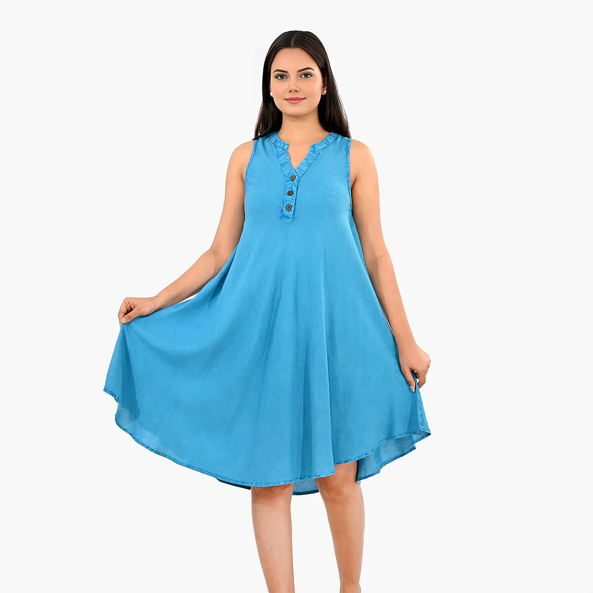 La Marey Blue Solid Wash Umbrella Dress with collar and Buttons - One Size Missy image number 3