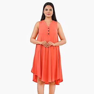 La Marey Vibrant Peach Solid Stone-Wash Umbrella Dress with collar and Buttons - One Size Missy
