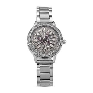 Genoa White Glass Japanese Movement Butterfly Enamel Watch in Silvertone