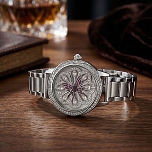 Genoa White Glass Japanese Movement Butterfly Enamel Watch in Silvertone