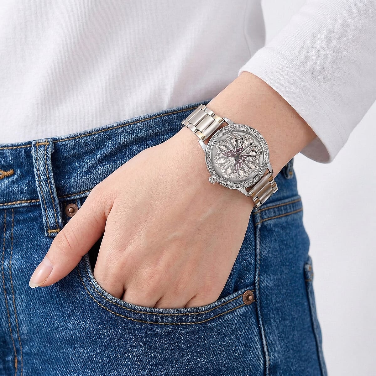 Genoa White Glass Japanese Movement Butterfly Enamel Watch in Silvertone image number 2