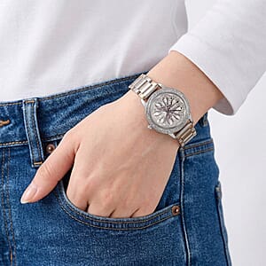 Genoa White Glass Japanese Movement Butterfly Enamel Watch in Silvertone