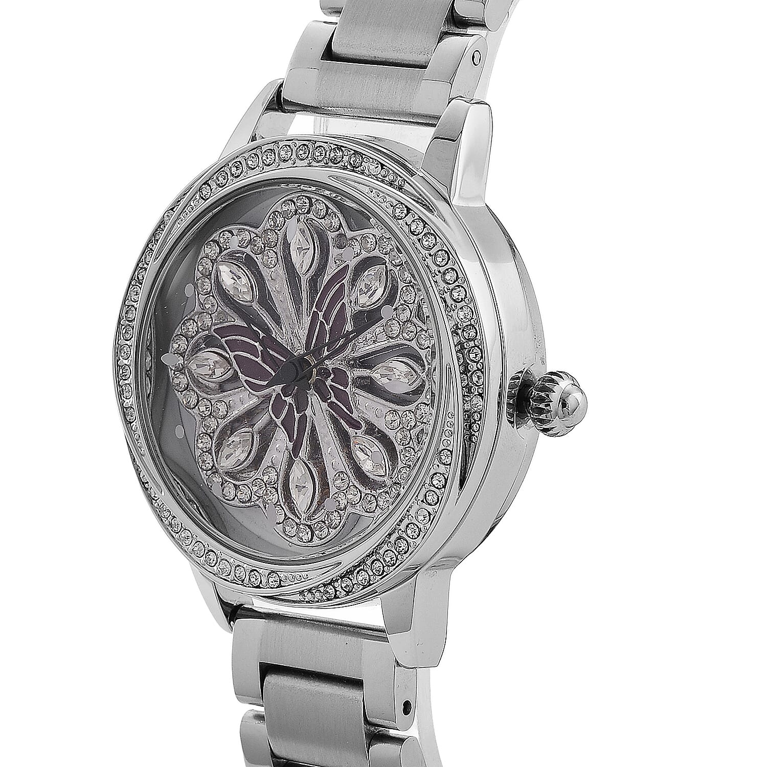 Genoa White Glass Japanese Movement Butterfly Enamel Watch in Silvertone