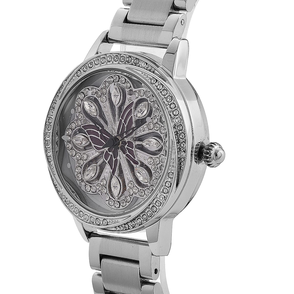 Genoa White Glass Japanese Movement Butterfly Enamel Watch in Silvertone image number 3