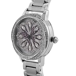 Genoa White Glass Japanese Movement Butterfly Enamel Watch in Silvertone