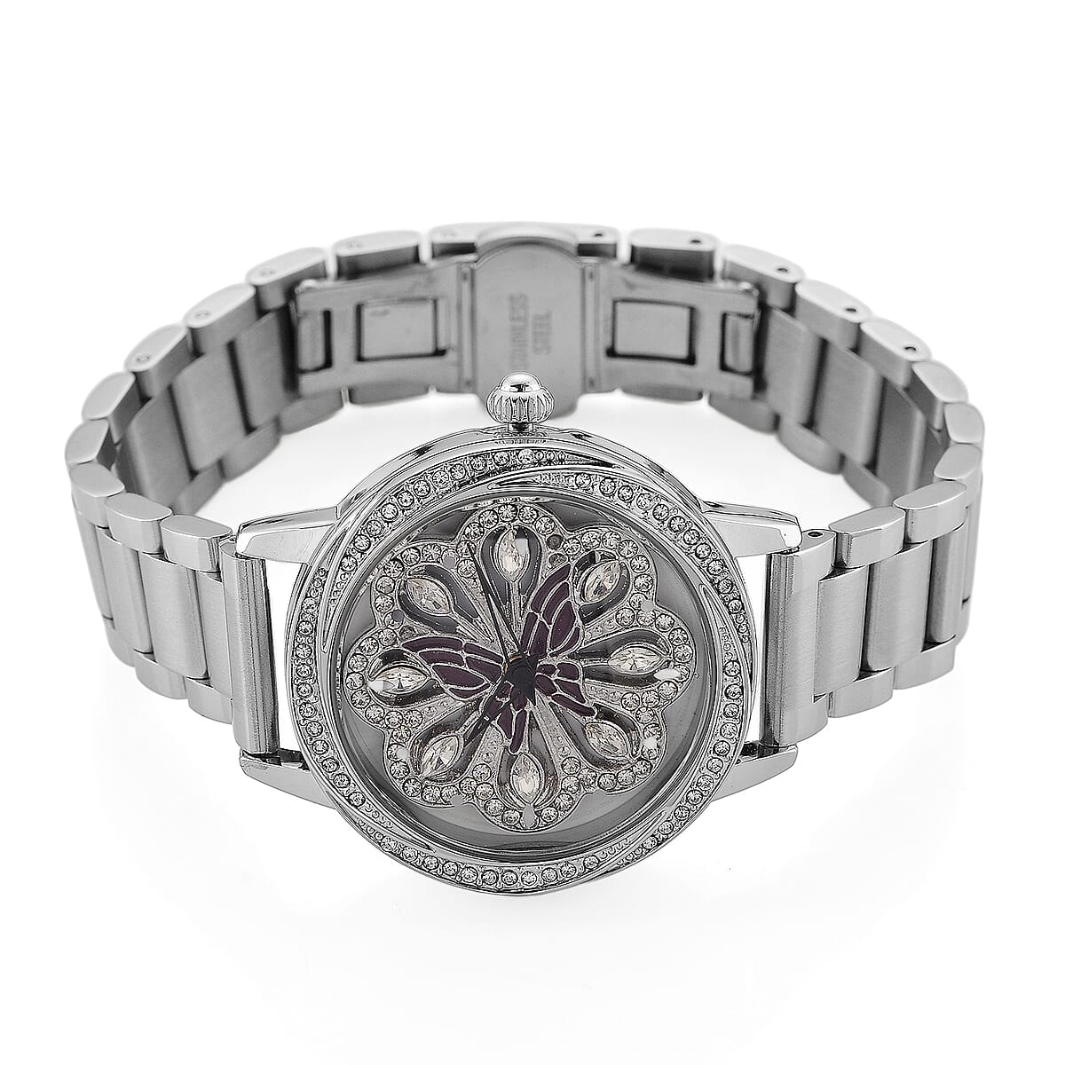 Genoa White Glass Japanese Movement Butterfly Enamel Watch in Silvertone image number 4