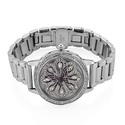 Genoa White Glass Japanese Movement Butterfly Enamel Watch in Silvertone