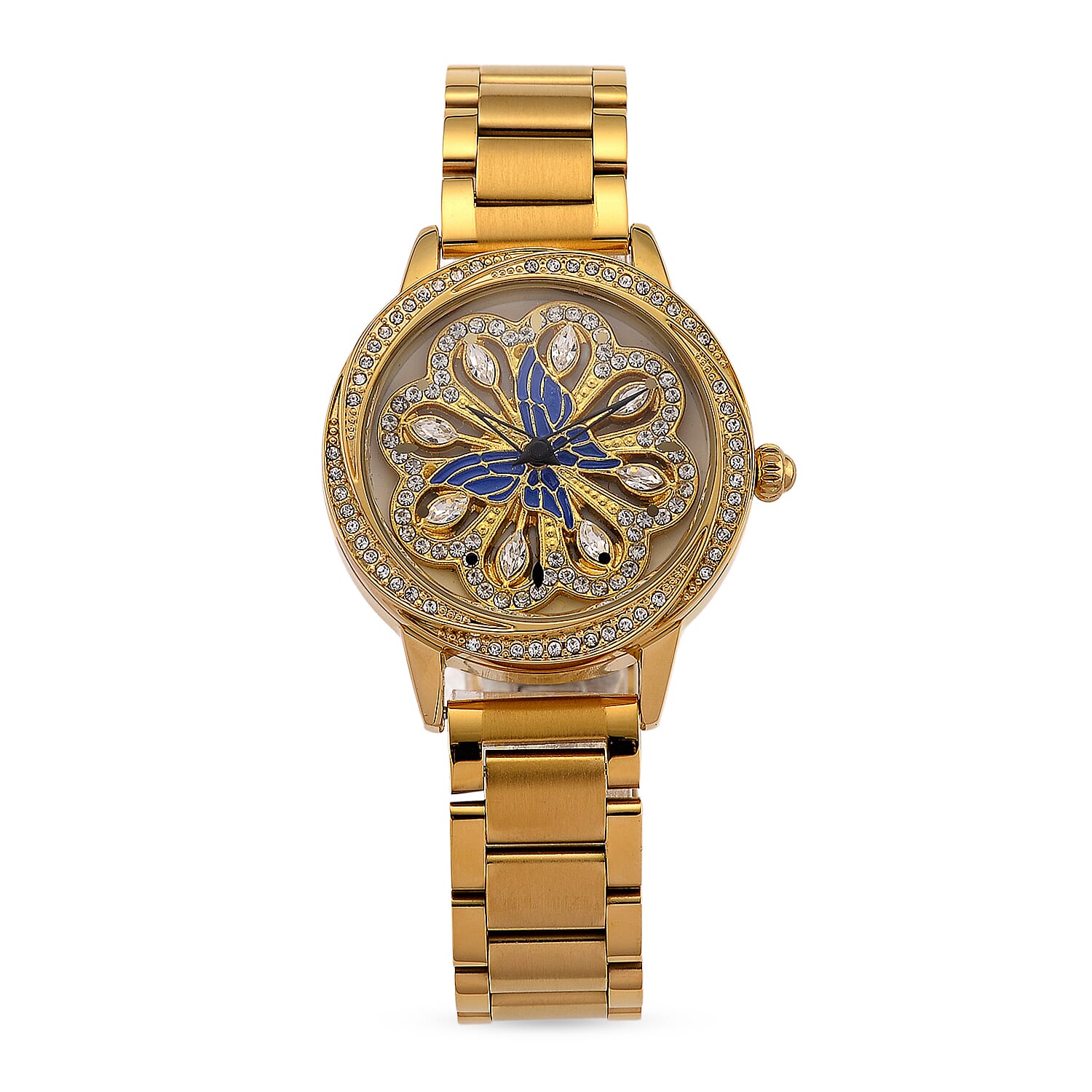 Genoa White Glass Japanese Movement Butterfly Enamel Watch in Goldtone
