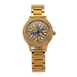 Genoa White Glass Japanese Movement Butterfly Enamel Watch in Goldtone