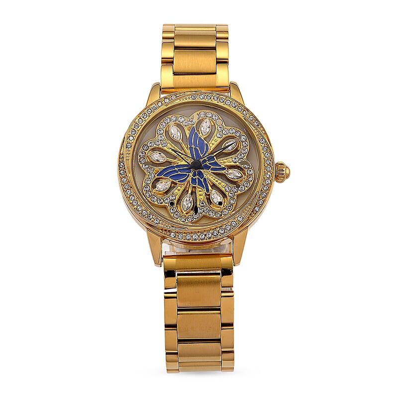 Genoa White Glass Japanese Movement Butterfly Enamel Watch in Goldtone