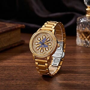 Genoa White Glass Japanese Movement Butterfly Enamel Watch in Goldtone